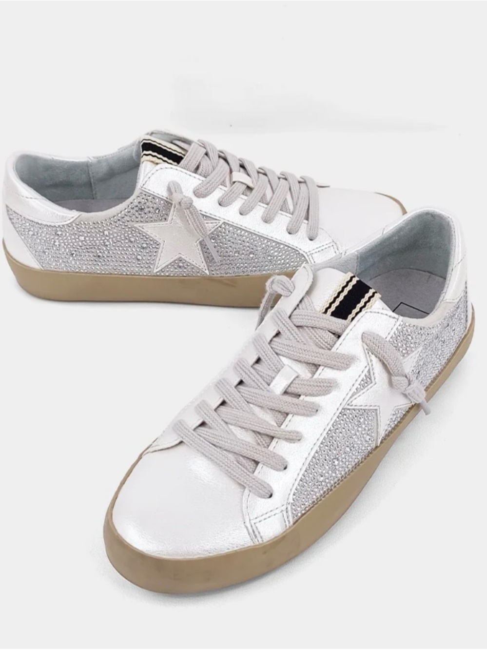 ShuShop White Glitter Star Lace-Up Sneakers with Tan Sole